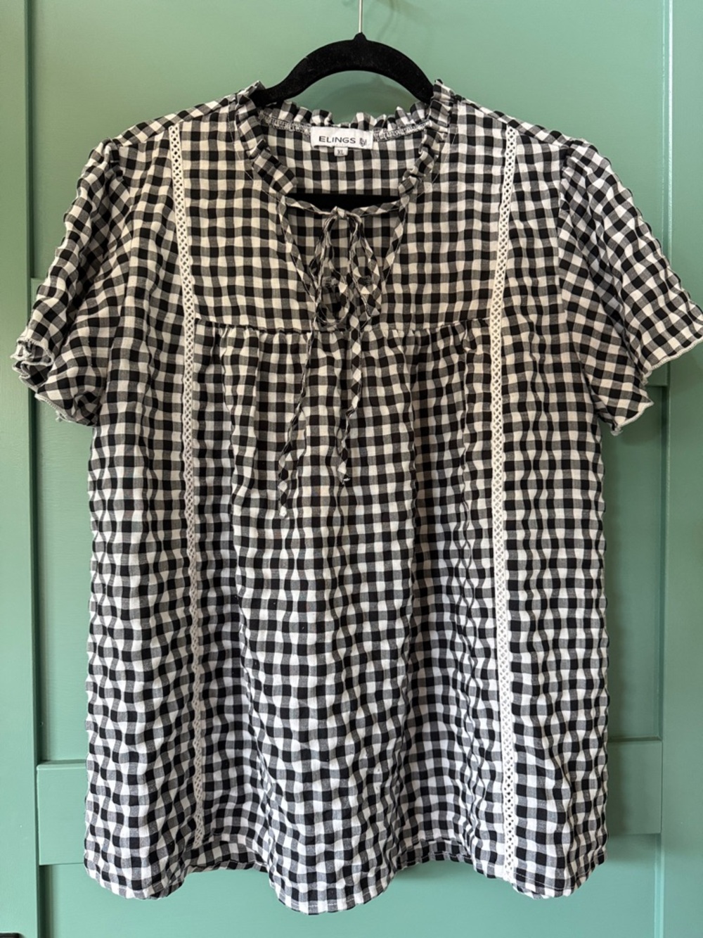 Black & White Gingham Lace-Trim Peasant Top